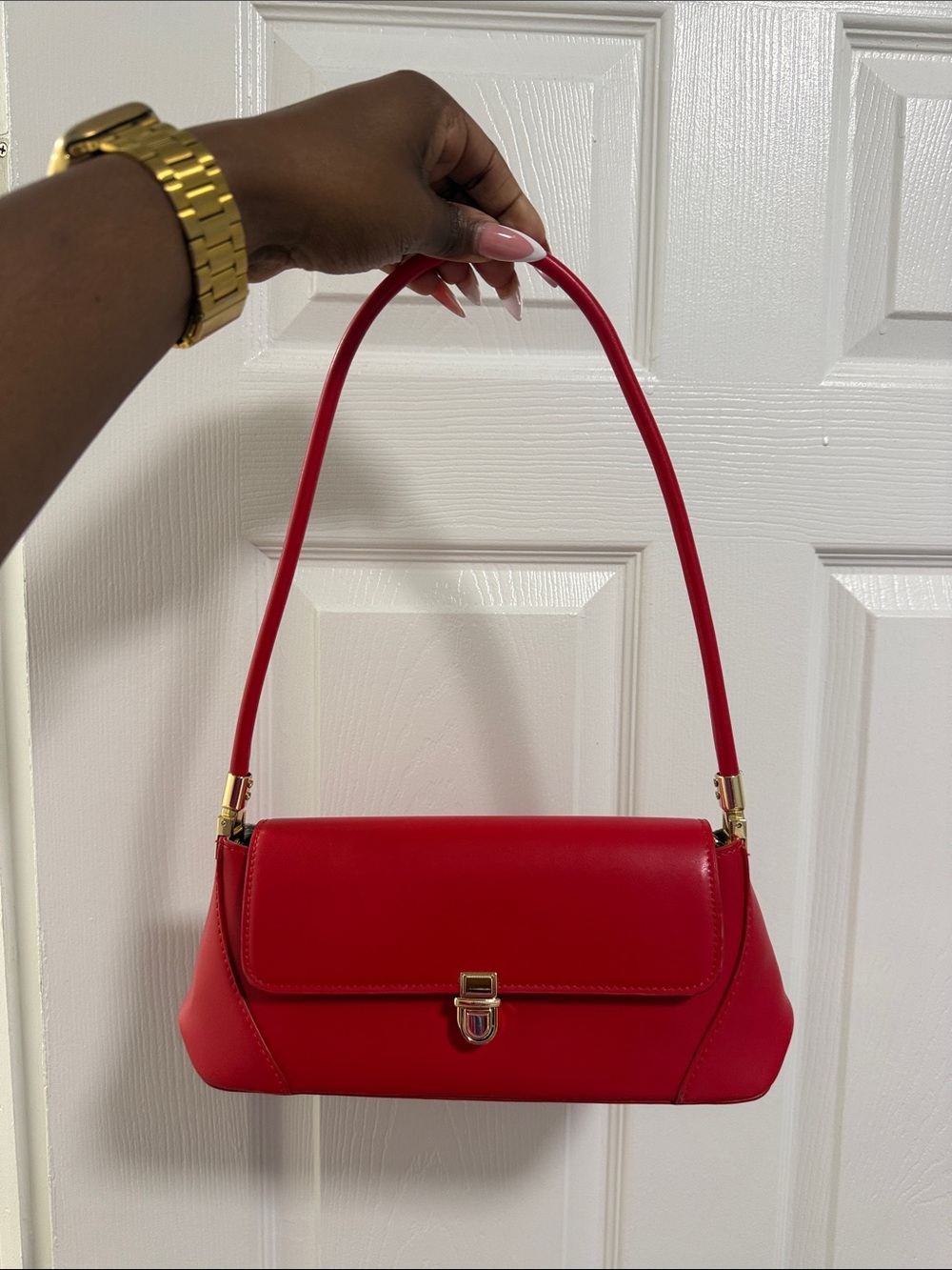 Amazon Essentials Red Shoulder Bag with Gold Accents